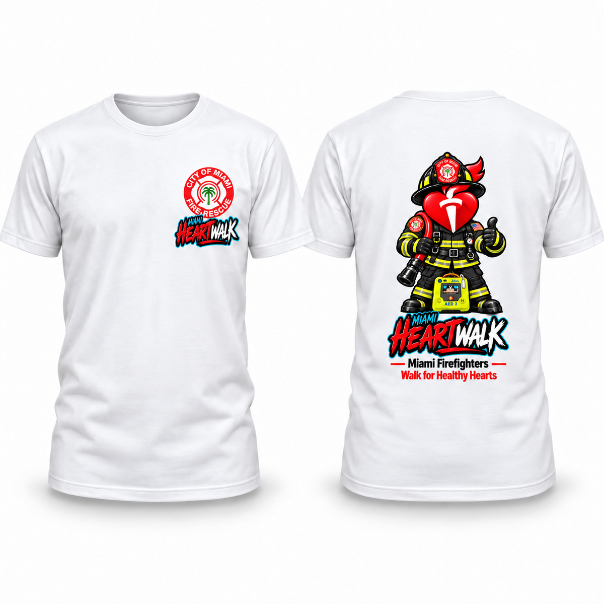 White Miami Heart Walk Next Level cotton T-shirt, front left chest logo and smaller full back firefighter design