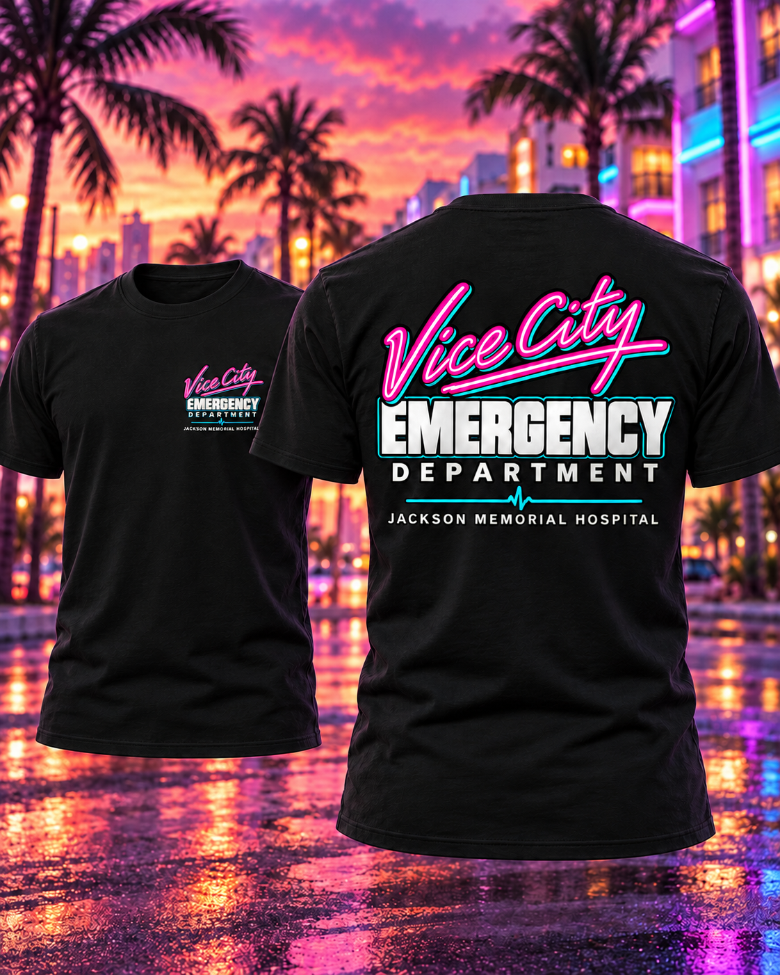 Jackson Memorial Hospital Vice City Emergency Department black T-shirt front and back