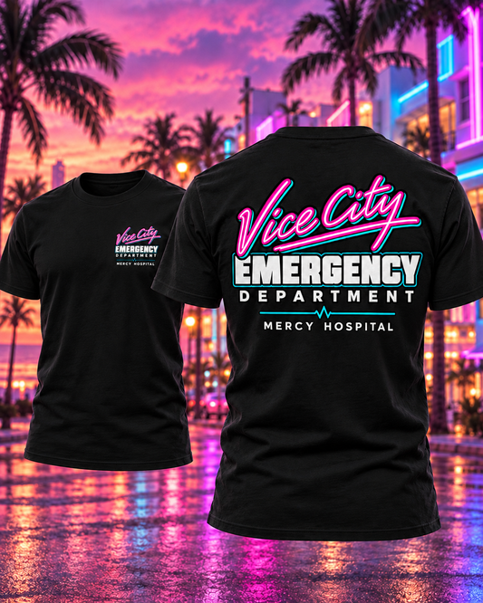 Mercy Hospital Vice City Emergency Department black T-shirt front and back